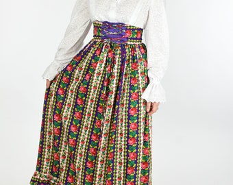 1960s Bright Floral Corset Waist Maxi Peasant Skirt