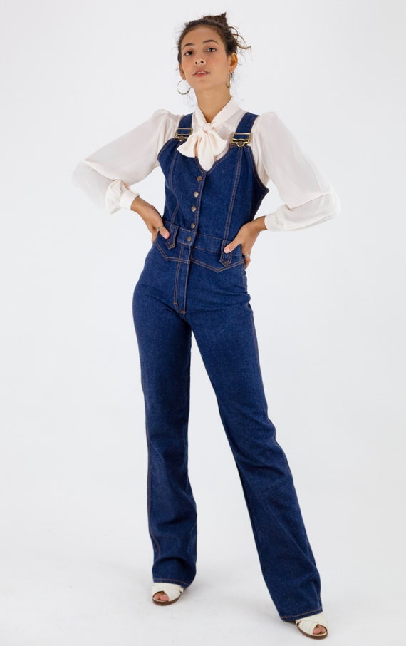 1970's Dark Blue Denim Button Front Jumpsuit Overa