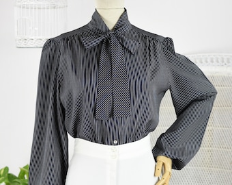 1980s Navy and White Pinstripe Pussy Bow Blouse