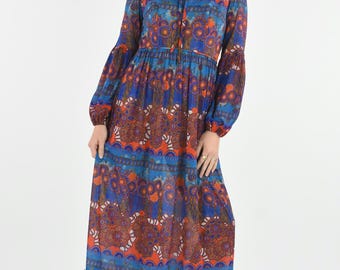 1970's Psychedelic Floral Print Bishop Sleeve Maxi Dress
