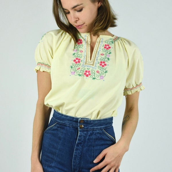 Yellow Puff Sleeve Blouse with Embroidery Work