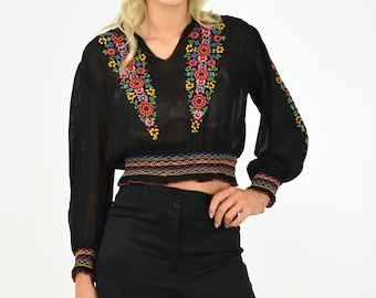 1940's Hungarian Embroidered Semi Sheer Long Sleeve Black Peasant Blouse