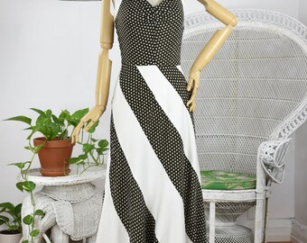 1970's White and Brown Polkadot Bias Cut Halterneck Summer Maxi Dress