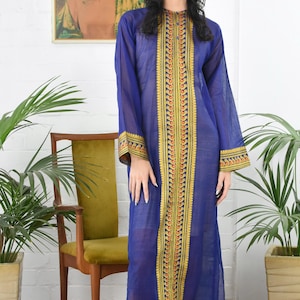 1970&#39;s Semi Sheer Blue Embroidered Bohemian Kaftan Dress