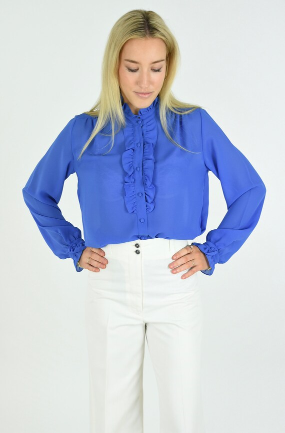 1970s Semi Sheer Blue High Neck Ruffle Collar Blo… - image 10