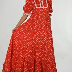 1970's Laura Ashley Victorian Prairie Influence Love Heart Floral Logo Print Red Cotton Maxi Dress