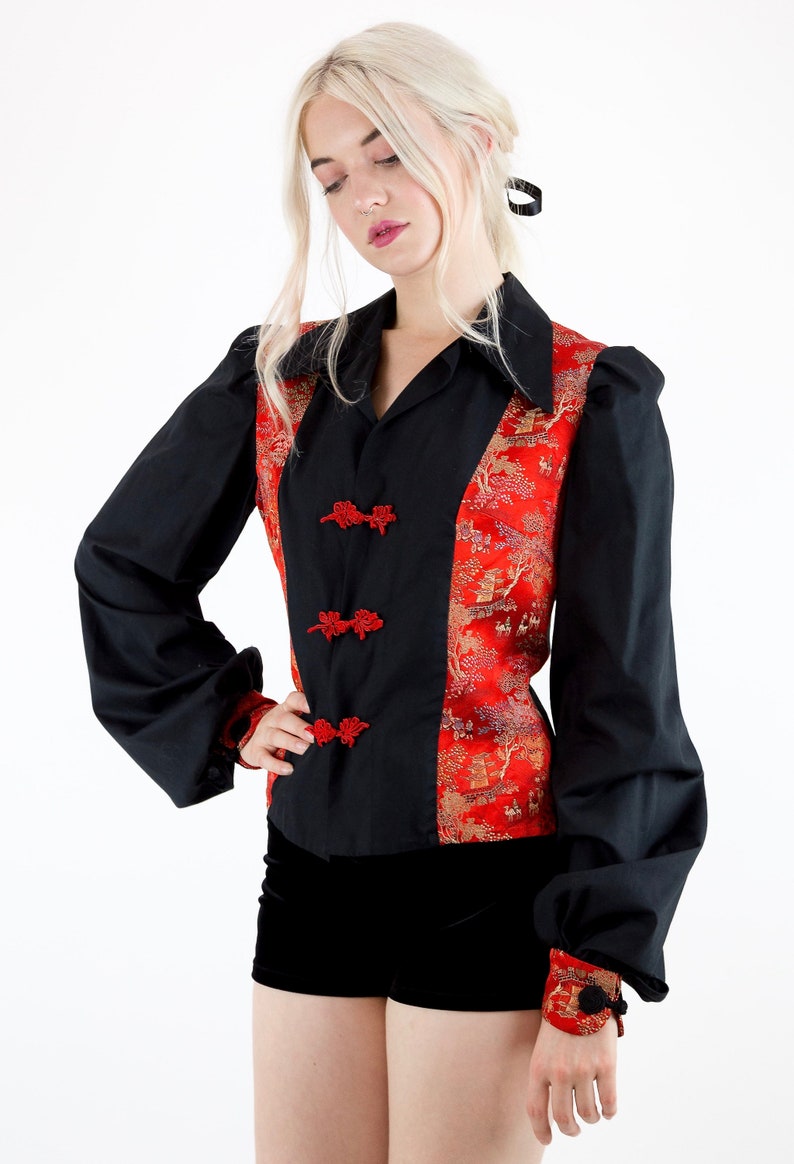 Awesome Vintage 70/'s Black Cotton and Red Oriental Satin Brocade Long Poet Sleeve Jacket Blouse