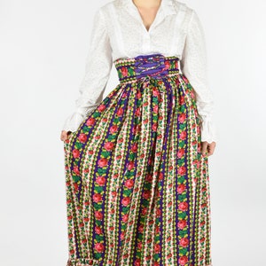 1960s Bright Floral Corset Waist Maxi Peasant Skirt image 9