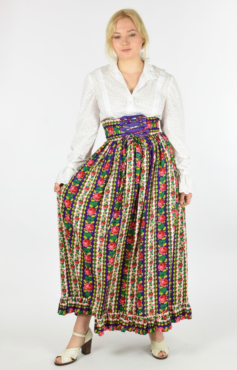 1960s Bright Floral Corset Waist Maxi Peasant Skirt image 9