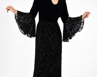 1970's Black Velvet Floral Burnout Spanish Sleeve Maxi Dress