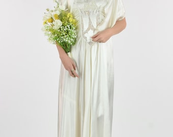 1940's Cream Satin and Lace Applique Wedding Dress with Cape