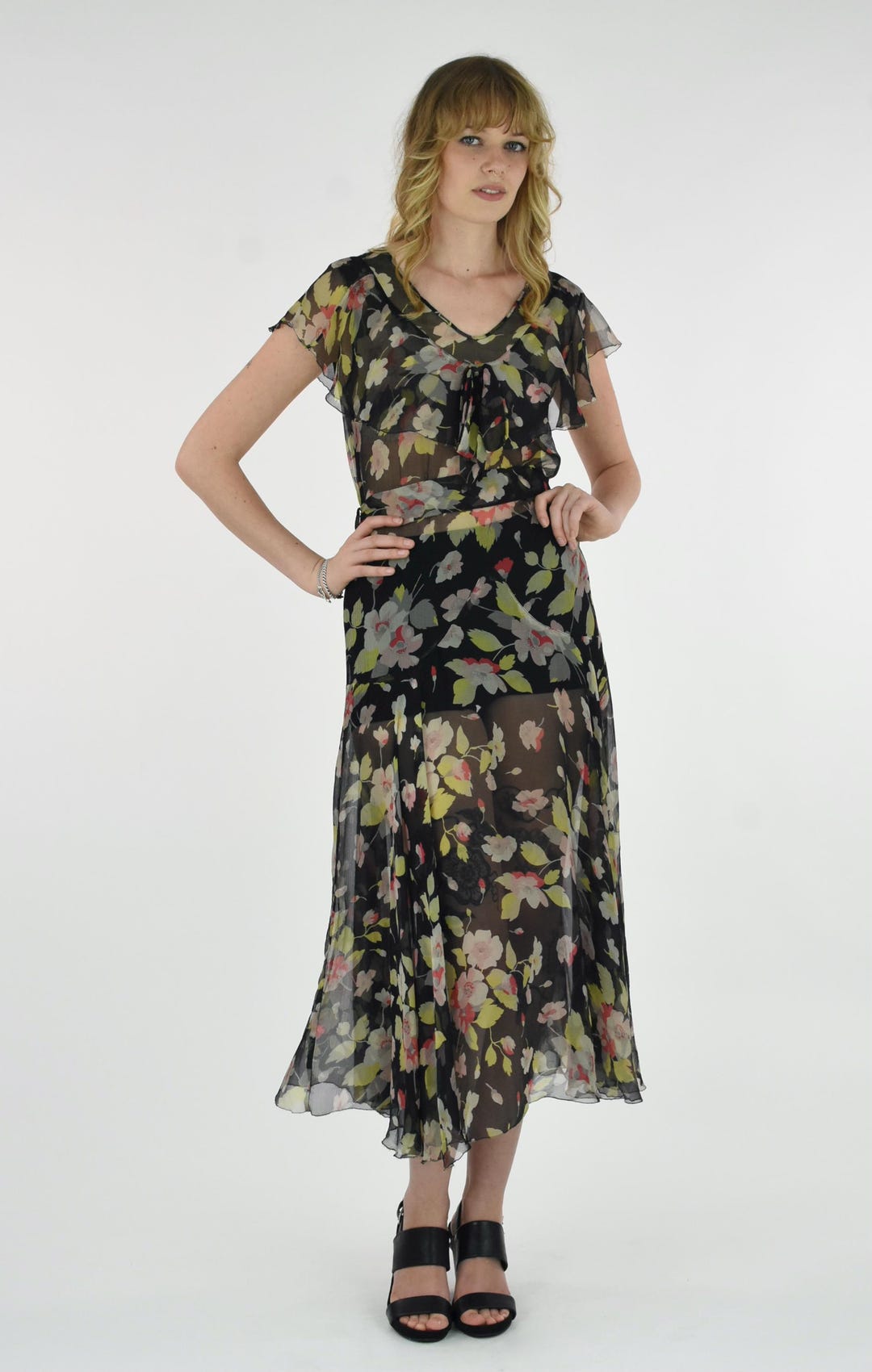 1930's Semi Sheer Floral Print Black Silk Chiffon Dress - Etsy