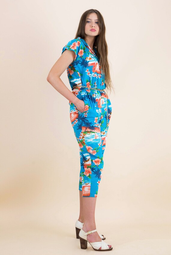 1980's Tropical Print Summer Holiday Cotton Jumpsu