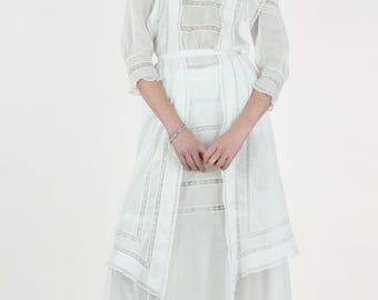 Antique Victorian White Cotton Lace Panel Blouse and Matching Skirt Set
