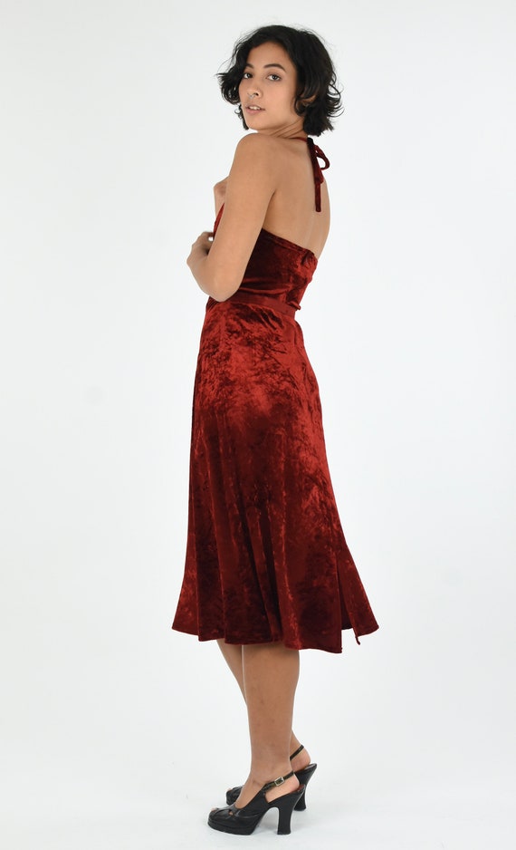 1970's Ruby Red Crushed Velvet Halterneck Dress w… - image 5
