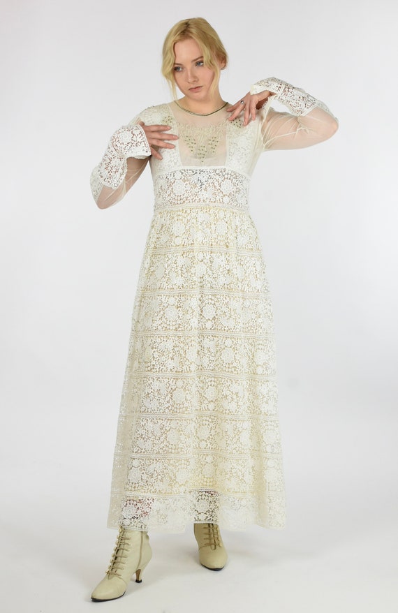 Edwardian Beaded Cream Guipure Lace and Net Weddi… - image 1