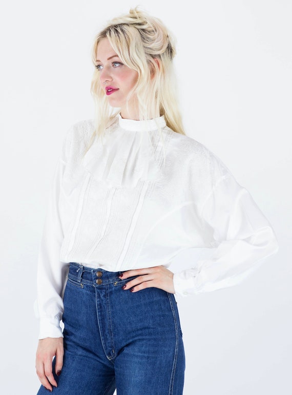 1980s White Embroidered Jabot Collar High Neck Blo