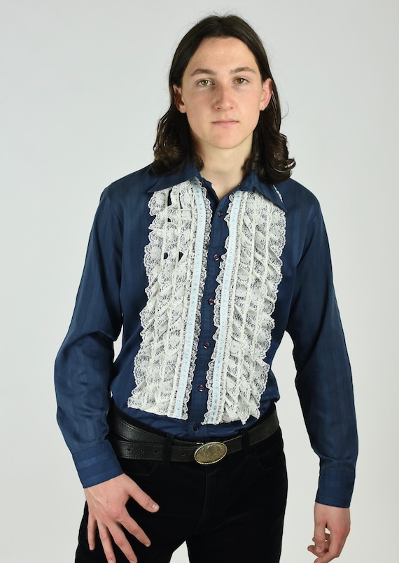 1970's Lace Ruffle Front Dagger Collar Men's Cotton T… - Gem