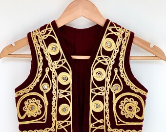 Vintage Kid's Gold Cord and Mini Mirrors Red Velvet Gold Braid Bohemian Waist Coat