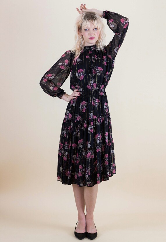 1970's Adini Rayon Gauze High Neck Bohemian Floral
