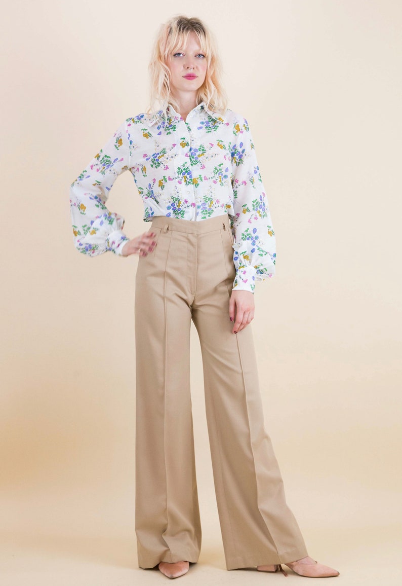 Vintage 70/'s High Waisted Pleat Detail Caramel Beige Flares