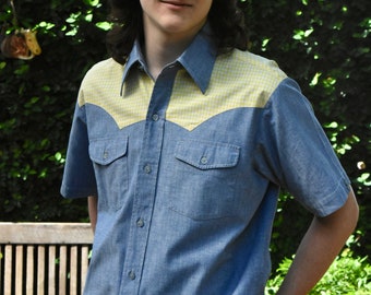 1970's Blue Chambray and Yellow Gingham Cotton Western Shirt