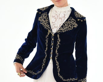 Antiker Edwardian Blue Velvet Gold bestickter algerischer Jackenmantel