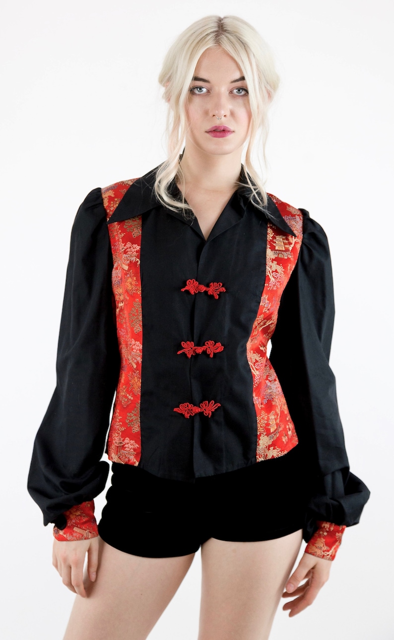 Awesome Vintage 70/'s Black Cotton and Red Oriental Satin Brocade Long Poet Sleeve Jacket Blouse