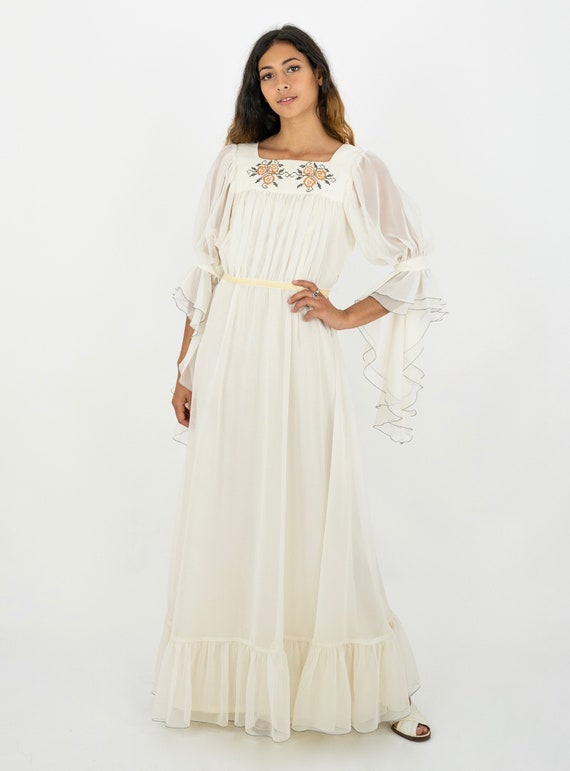 1970's Cream Chiffon Embroidered Renaissance Drape