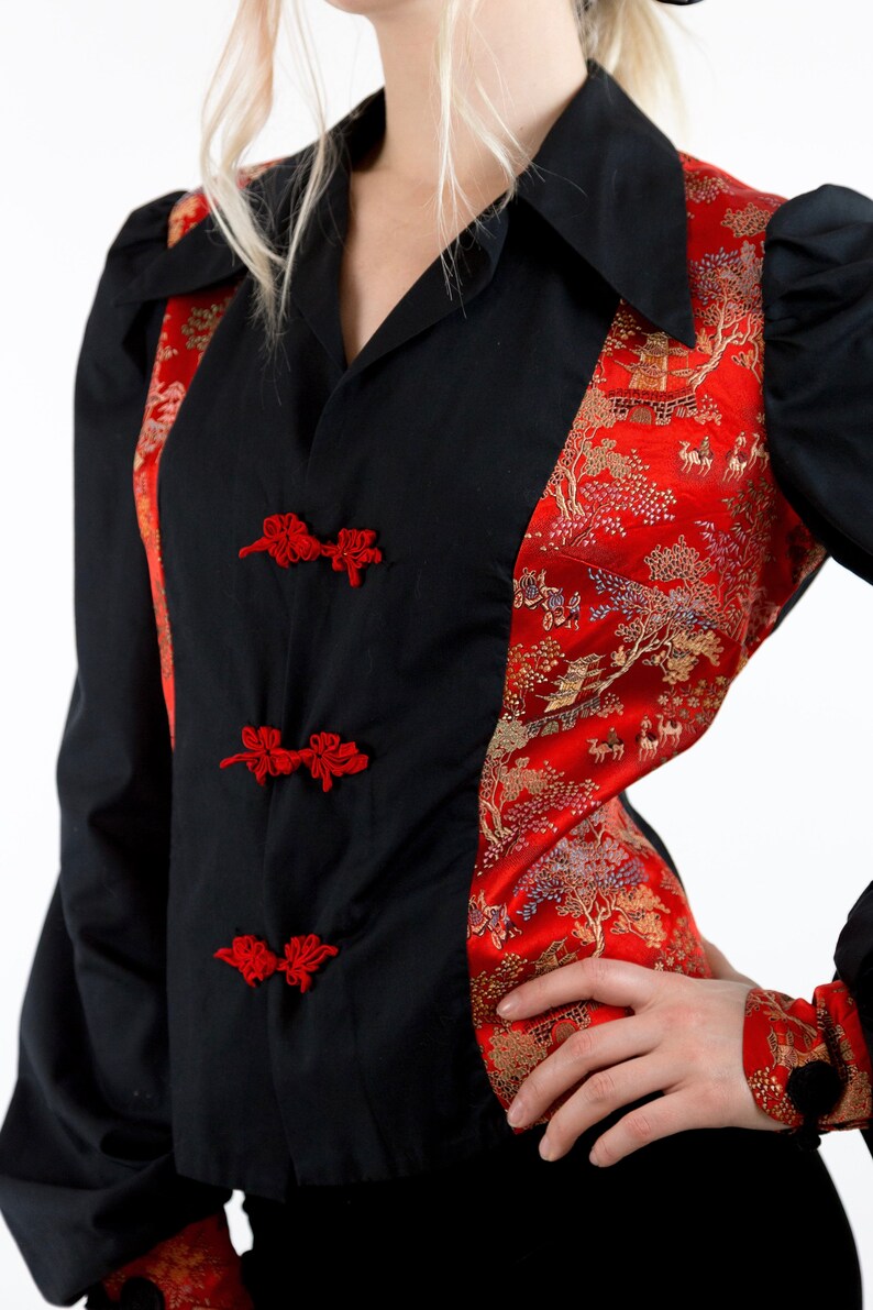Awesome Vintage 70/'s Black Cotton and Red Oriental Satin Brocade Long Poet Sleeve Jacket Blouse