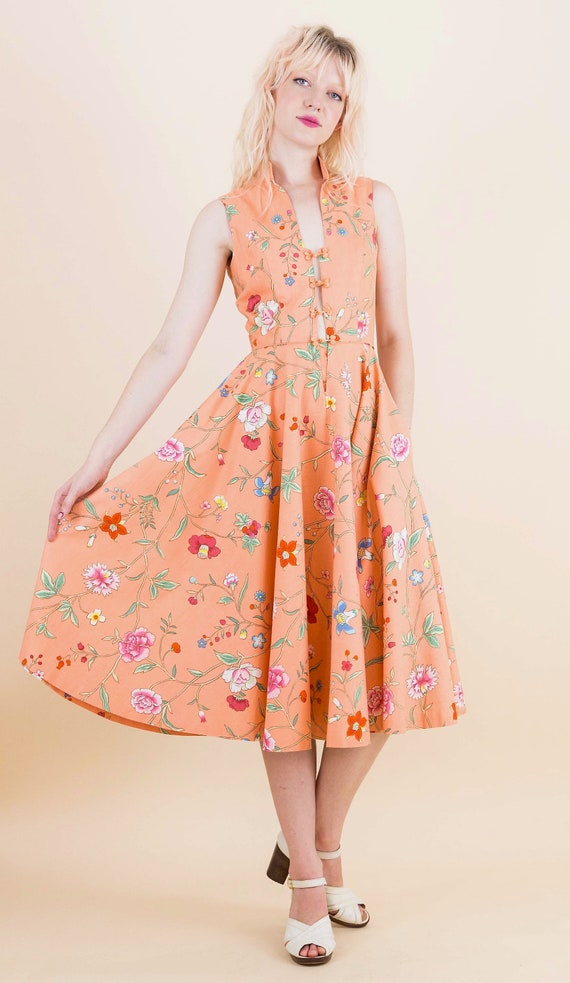 1970's Peach Floral Oriental Influence Cotton Summ