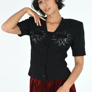 1940s Black Beaded Crepe Strong Shoulder Femme Fatale Jacket Top