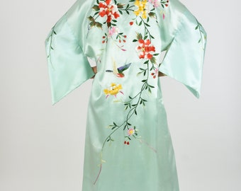 1940s Mint Green Embroidered Bird Floral Japanese Kimono Robe