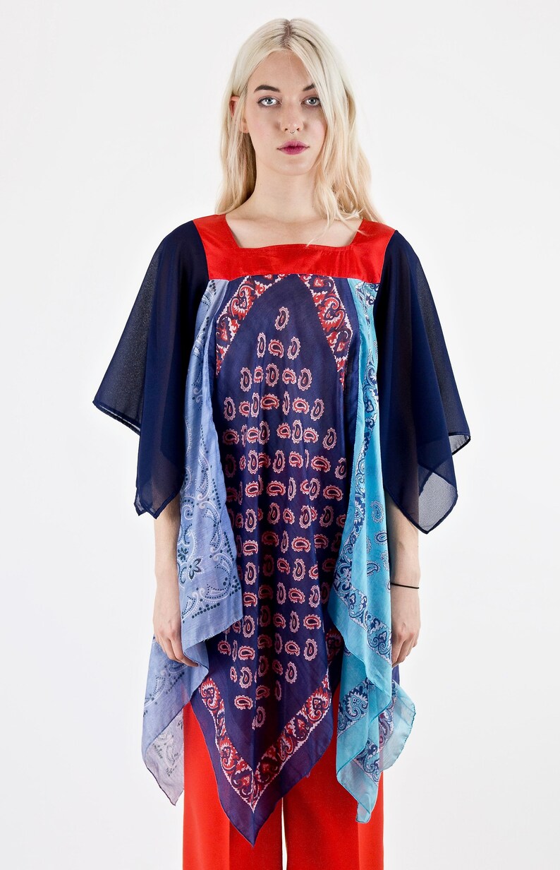 Bohemian Dreams Vintage 70/'s Floaty Mixed Pattern Angel Sleeve Scarf Top Dress