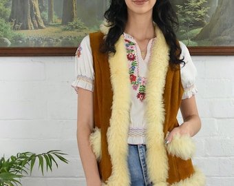 1970's Tan Suede Lambswool Trim Hippie Vest Coat