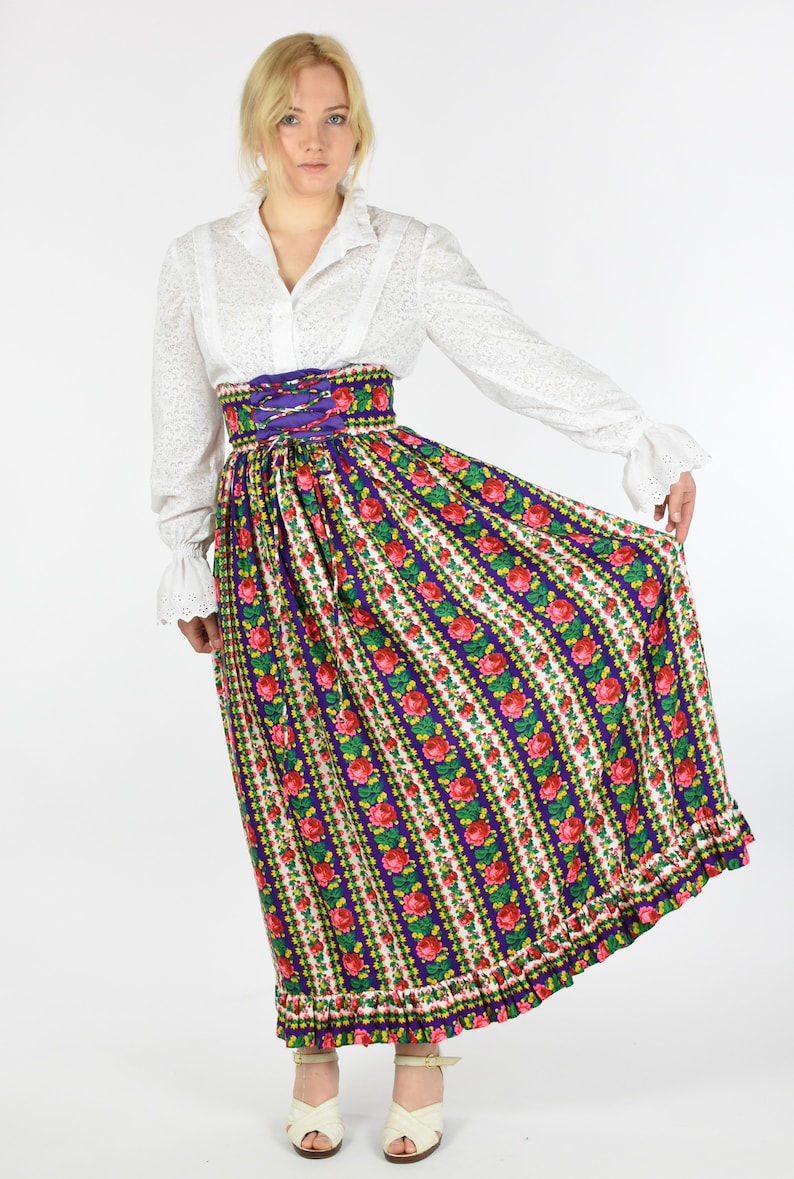 1960s Bright Floral Corset Waist Maxi Peasant Skirt image 5
