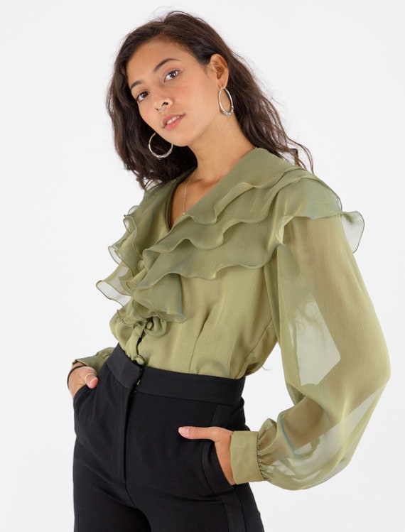 1980's Semi Sheer Bronze Khaki Green Ruffle Collar