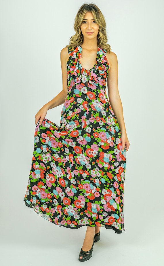 1970's Pretty Floral Ruffle V Neck Halter Maxi Dr… - image 2