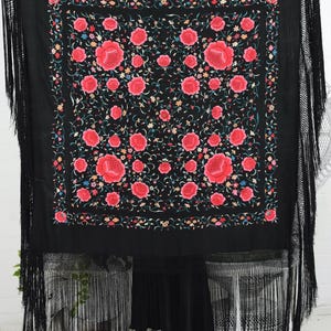 Edwardian Floral Embroidered Black Silk Fringed Large Piano Shawl