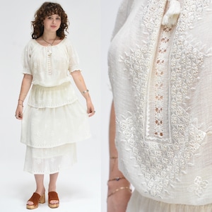 1960's Embroidered Cream Gauze Bohemian Peasant Dress