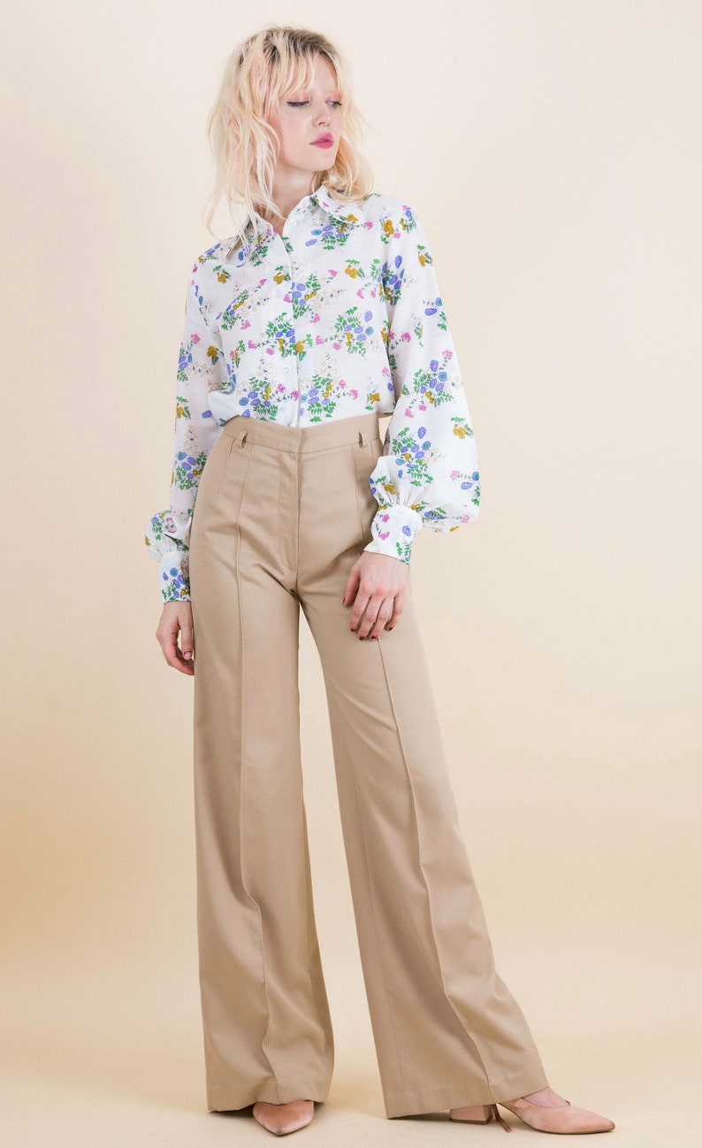 Vintage 70/'s High Waisted Pleat Detail Caramel Beige Flares
