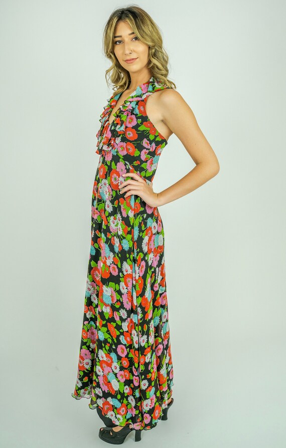 1970's Pretty Floral Ruffle V Neck Halter Maxi Dr… - image 3