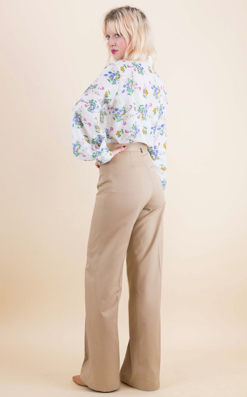 Vintage 70/'s High Waisted Pleat Detail Caramel Beige Flares