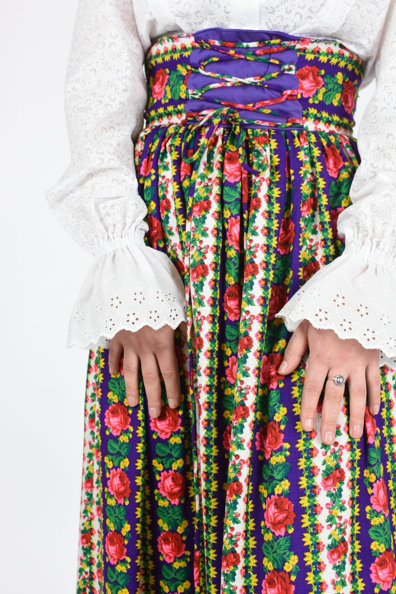 1960s Bright Floral Corset Waist Maxi Peasant Skirt image 4