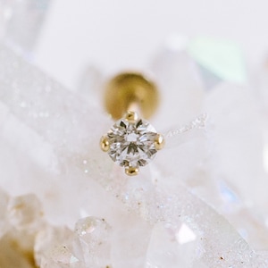 0.03ct, 0.07ct or 0.1ct Genuine Diamond 4 Prong Setting 14K Gold Tragus Cartilage Conch  Helix Internally threaded Flat Back Labret Earring