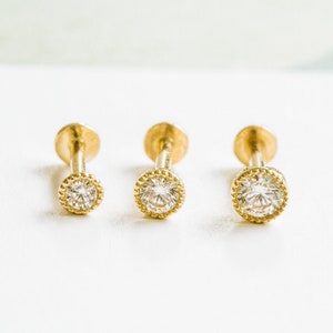 14k Gold Cz Cartilage Tragus Forward Helix inner conch tongue nose bezel internally threaded ear stud flat back earring labret piercing