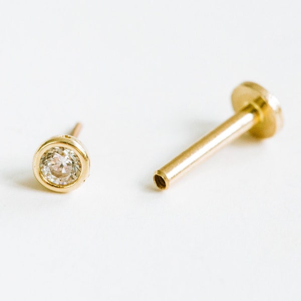 14K Gold 0.03ct, 0.07ct or 0.1ct Genuine Diamond Bezel  Tragus Cartilage Conch  Helix Internally threaded Flat Back Labret Earring Piercing
