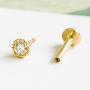 14K Gold 0.03ct, 0.07ct or 0.1ct Genuine Diamond Bezel  Tragus Cartilage Conch  Helix Internally threaded Flat Back Labret Earring Piercing