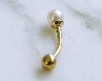 14K 18k Solid Gold Round Fresh Water Pearl Snug Rook Eyebrow Navel Daith Banana Curved Ear Earring Barbell Piercing For Women Men 16g 18g