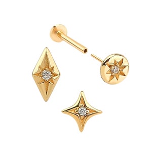 14K Solid Gold Cartilage Helix Conch CZ, Moissanite, Lab or Genuine Diamond  Internally Threaded Flat Back Labret Piercing Earring Stud